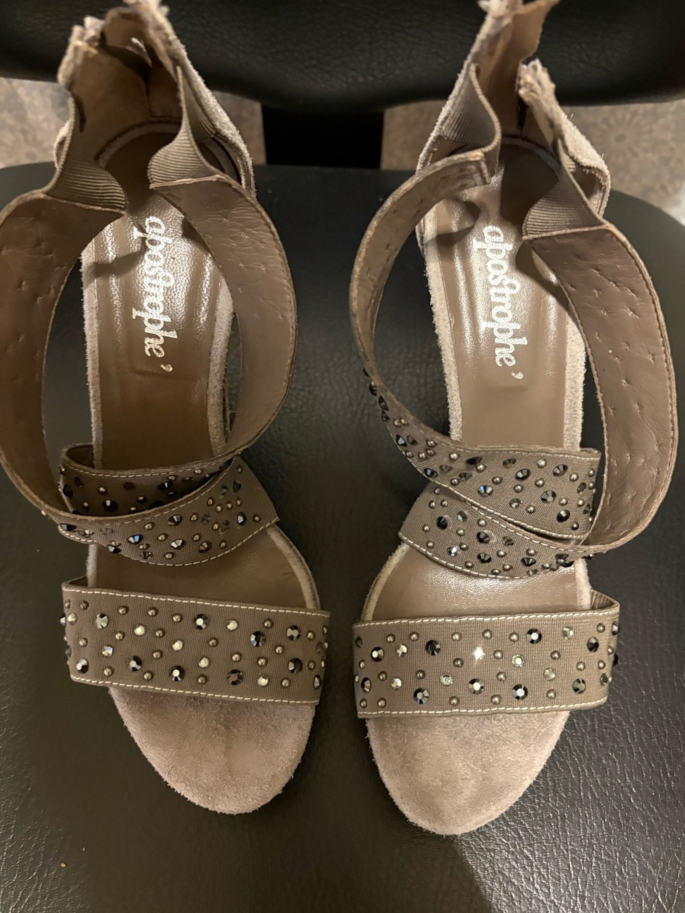 Apostrophe Taupe Rhinestone Embellished Strappy Heels